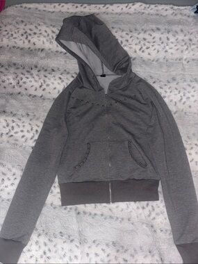 Women's Gray Hooded Zip-Up Sweatshirt with Stud Accents
